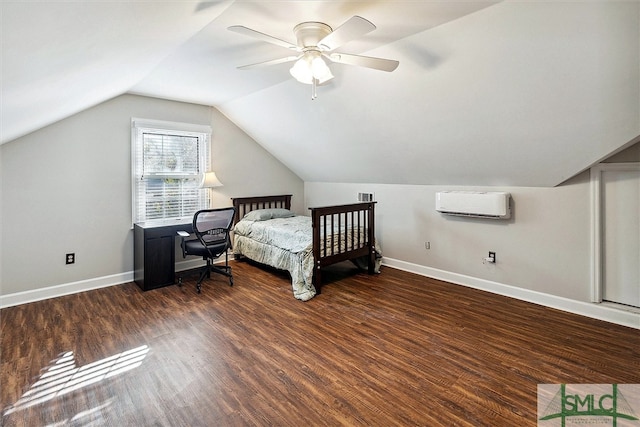 bedroom featuring a wall mounted air conditioner, ceiling fan, and dark hardwood / wood-style flooring