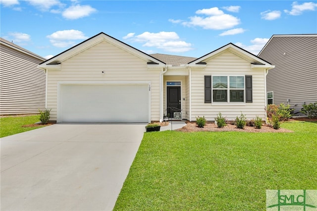 ranch-style home featuring a front lawn and a garage