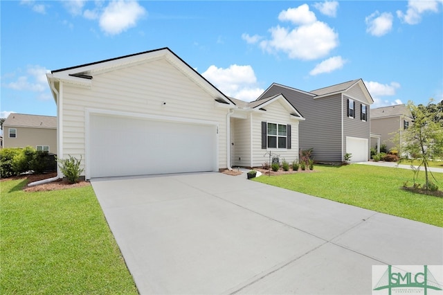 single story home with a front yard and a garage