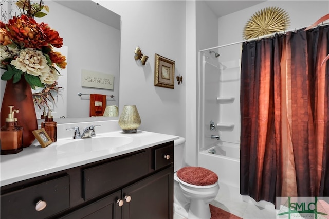 full bathroom with shower / bath combo, vanity, toilet, and tile patterned floors