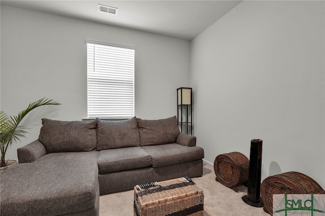 carpeted living room with lofted ceiling