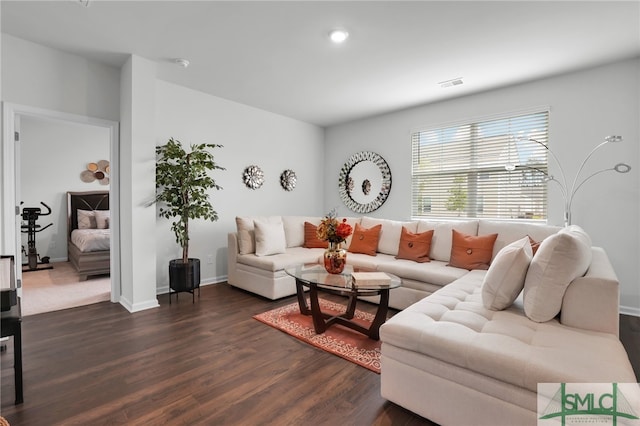 living room with dark hardwood / wood-style flooring