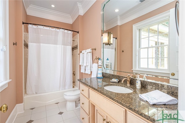 full bathroom with shower / bathtub combination with curtain, tile patterned flooring, toilet, vanity, and ornamental molding