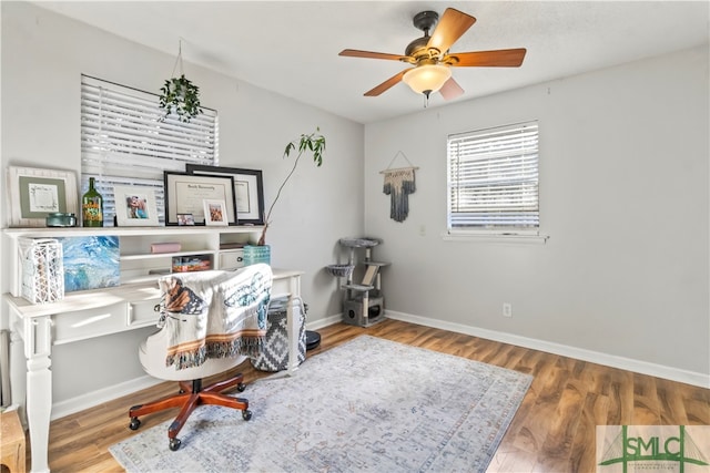 office space featuring wood-type flooring and ceiling fan