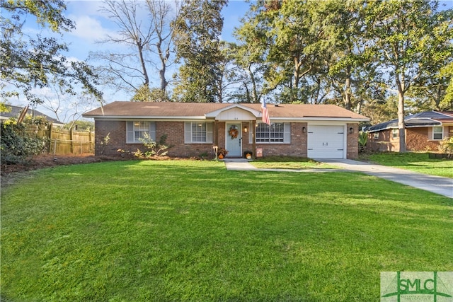 single story home featuring a front lawn and a garage