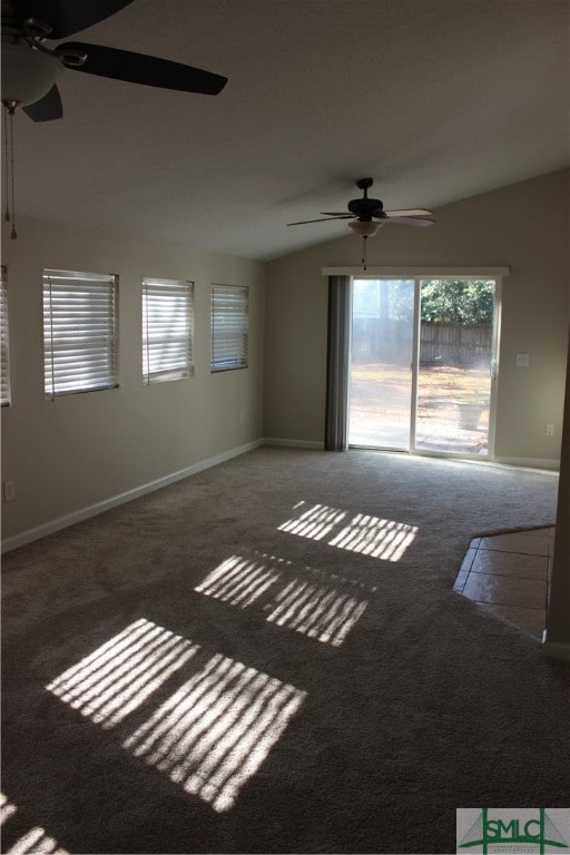 spare room with ceiling fan, plenty of natural light, and carpet floors