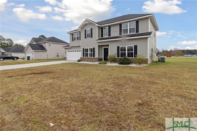 view of front of property with cooling unit, a front yard, and a garage