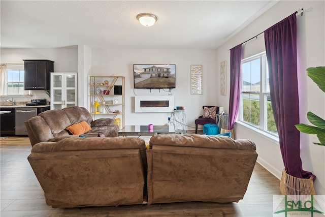 living room featuring hardwood / wood-style flooring, a wealth of natural light, and sink