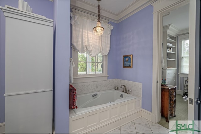 bathroom featuring a bath and crown molding