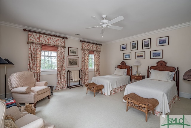 bedroom featuring carpet flooring, ceiling fan, and ornamental molding