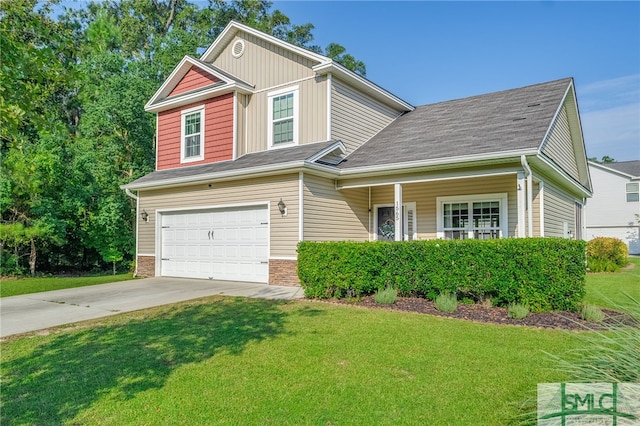 view of front facade featuring a garage and a front lawn