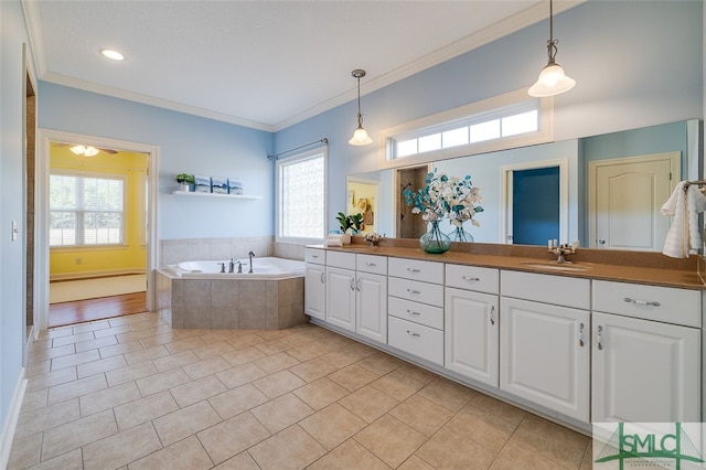 bathroom with tiled bath, tile patterned flooring, vanity, and ornamental molding