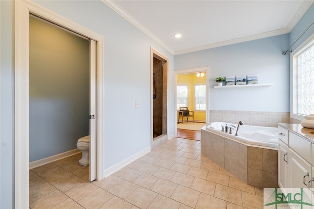 full bathroom with tile patterned floors, toilet, crown molding, and a wealth of natural light