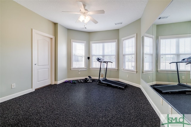 workout area featuring plenty of natural light, ceiling fan, and a textured ceiling