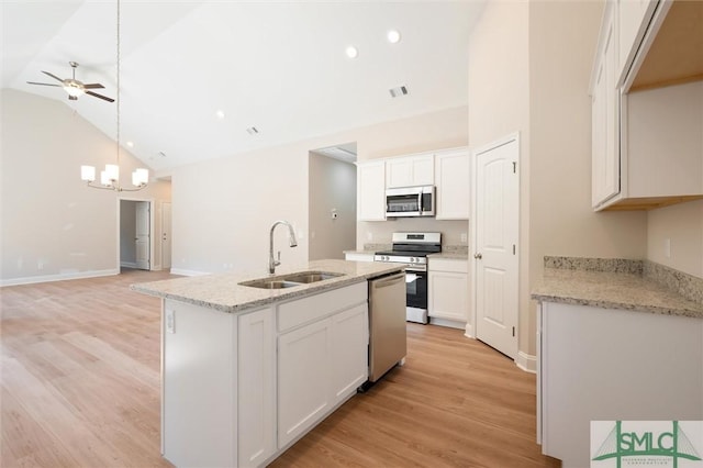 kitchen with stainless steel appliances, visible vents, a kitchen island with sink, a sink, and white cabinetry