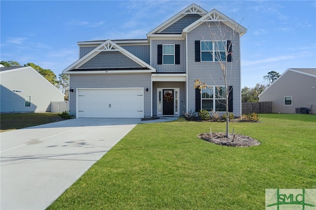 view of front of house with central AC, a garage, and a front lawn