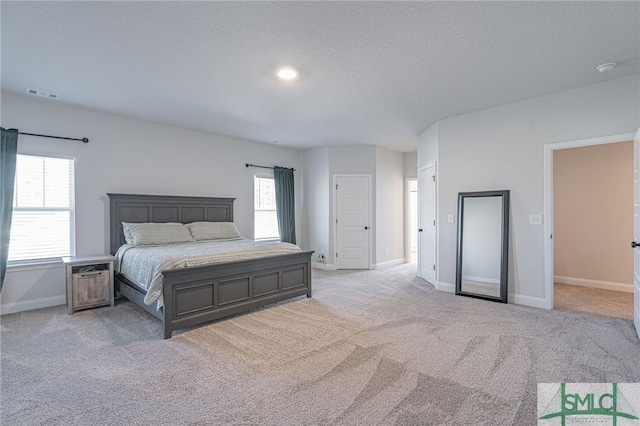 bedroom featuring multiple windows, light colored carpet, and a textured ceiling