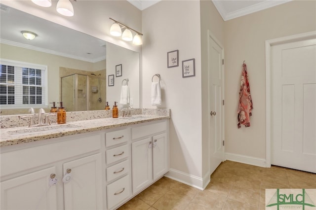 bathroom with tile patterned flooring, a shower with shower door, ornamental molding, and vanity