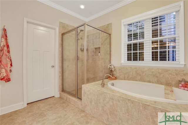 bathroom featuring crown molding, tile patterned flooring, and plus walk in shower