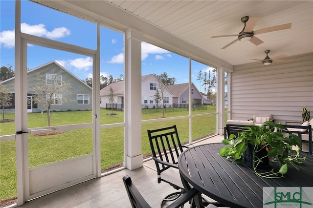 sunroom featuring ceiling fan and wooden ceiling