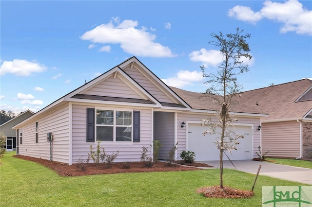 view of front of home with a front lawn and a garage