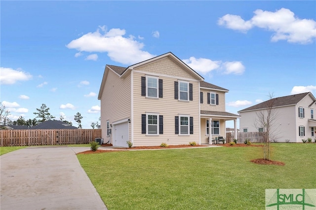 view of front of house featuring central air condition unit, a front lawn, a porch, and a garage