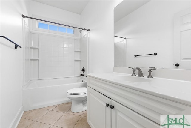 bathroom featuring tile patterned floors, shower / bath combination, toilet, and vanity