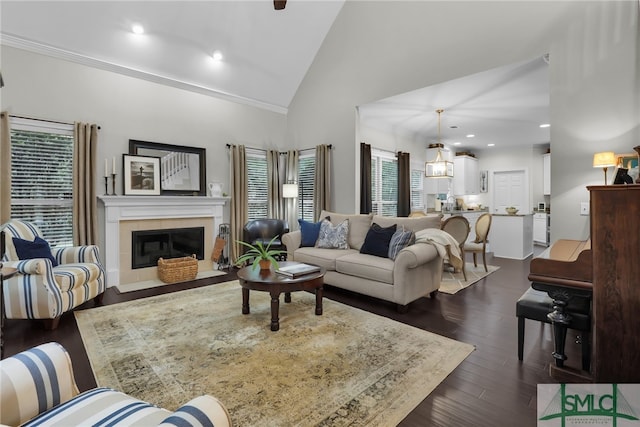 living room featuring dark hardwood / wood-style floors, high vaulted ceiling, plenty of natural light, and a tiled fireplace