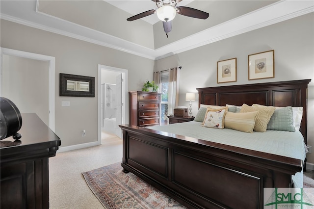 carpeted bedroom featuring ensuite bath, ceiling fan, and ornamental molding