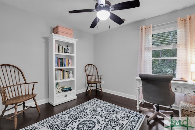 office featuring ceiling fan and dark wood-type flooring