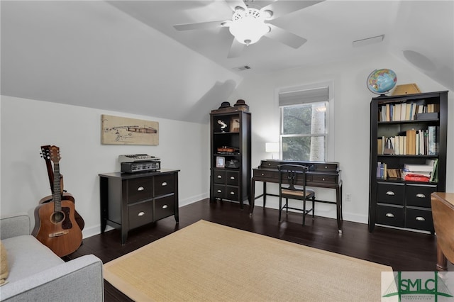 interior space featuring vaulted ceiling, ceiling fan, and dark hardwood / wood-style floors