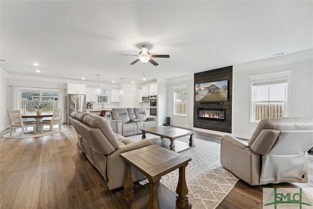 living room featuring a fireplace, ceiling fan, crown molding, and dark hardwood / wood-style flooring