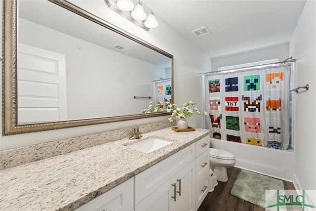 full bathroom with wood-type flooring, vanity, toilet, and shower / bathtub combination with curtain