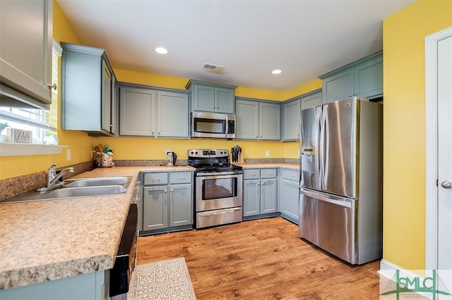 kitchen with sink, light hardwood / wood-style flooring, and appliances with stainless steel finishes