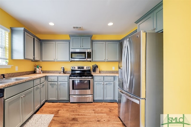 kitchen with gray cabinetry, sink, stainless steel appliances, and light wood-type flooring