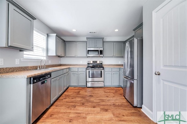 kitchen with visible vents, gray cabinetry, a sink, light wood-style floors, and appliances with stainless steel finishes