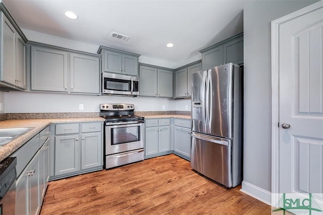 kitchen with visible vents, appliances with stainless steel finishes, and gray cabinetry