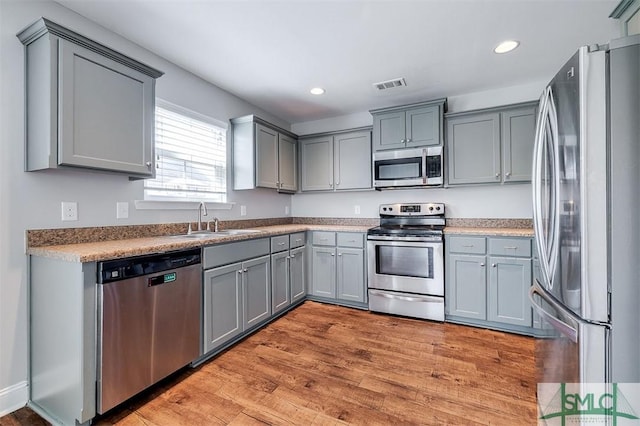 kitchen featuring visible vents, a sink, gray cabinetry, light wood-style floors, and appliances with stainless steel finishes