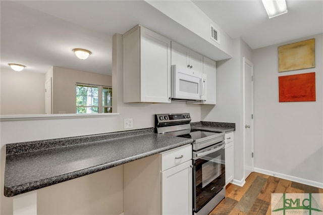 kitchen featuring white cabinets, kitchen peninsula, stainless steel range with electric stovetop, and dark wood-type flooring