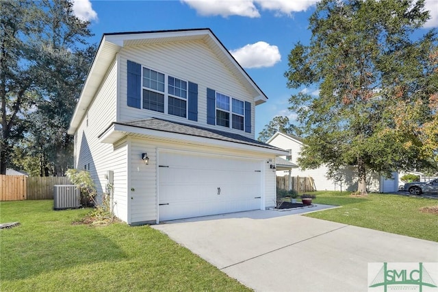 view of front of property with a garage, cooling unit, and a front lawn