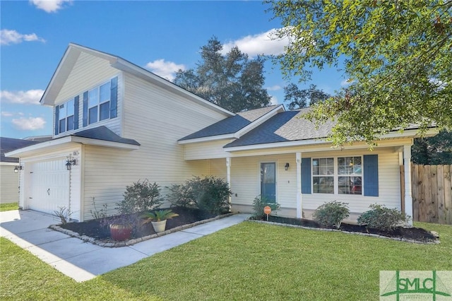 view of front of house featuring a front yard, covered porch, and a garage