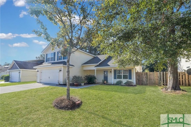 view of front property featuring a front lawn and a garage