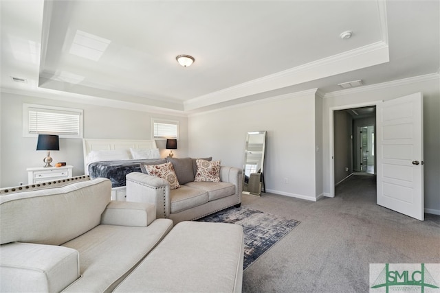 living room featuring carpet floors, a raised ceiling, and ornamental molding