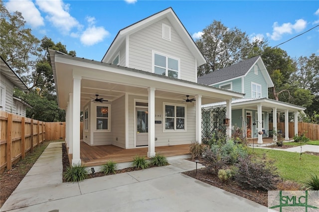 view of front of home with covered porch and ceiling fan