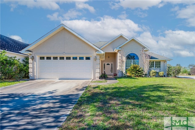 single story home featuring a front lawn and a garage