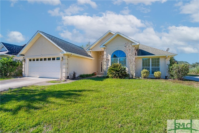 ranch-style house featuring a garage and a front lawn