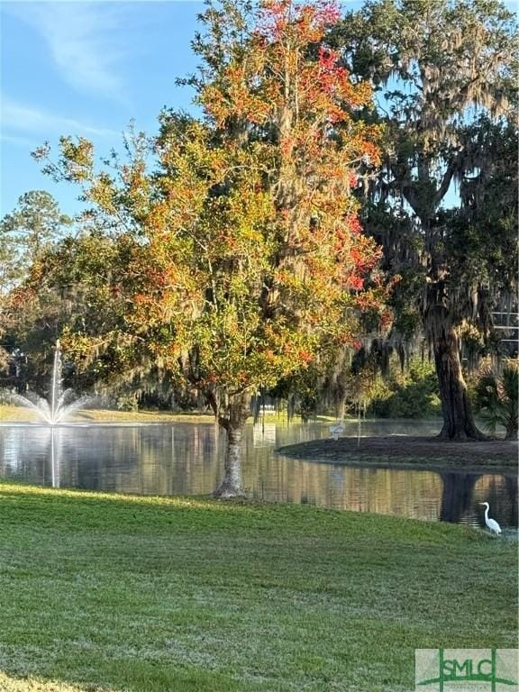 view of property's community with a water view and a yard