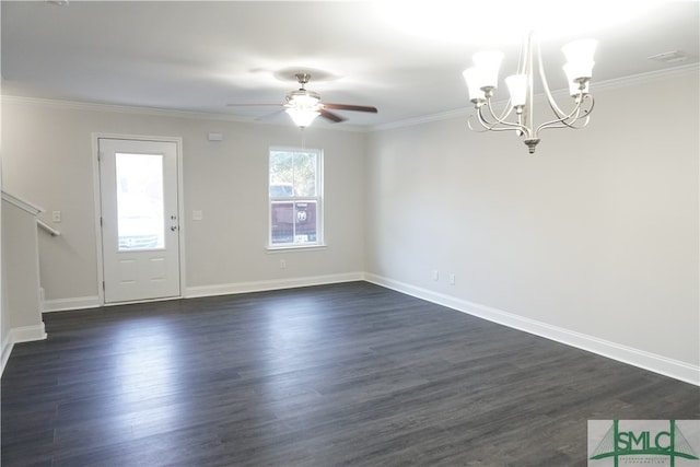 interior space featuring crown molding, ceiling fan with notable chandelier, and dark hardwood / wood-style floors