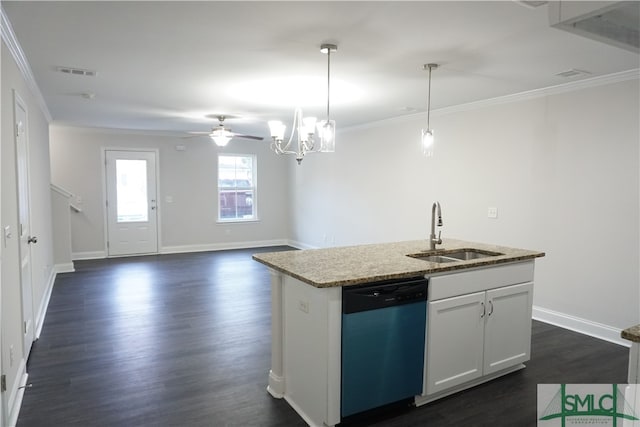 kitchen with sink, hanging light fixtures, stainless steel dishwasher, dark hardwood / wood-style floors, and white cabinets