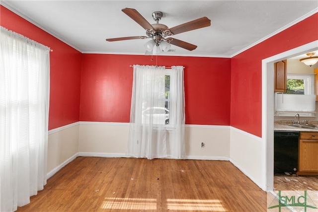 empty room with sink, plenty of natural light, light hardwood / wood-style floors, and ornamental molding